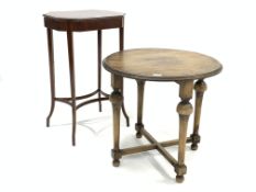 Edwardian mahogany work table, satinwood cross banded octagonal hinged lid with oval paterae,