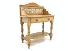 Victorian pine wash stand, raised shaped back with tile panel, single drawer under,