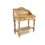 Victorian pine wash stand, raised shaped back with tile panel, single drawer under,