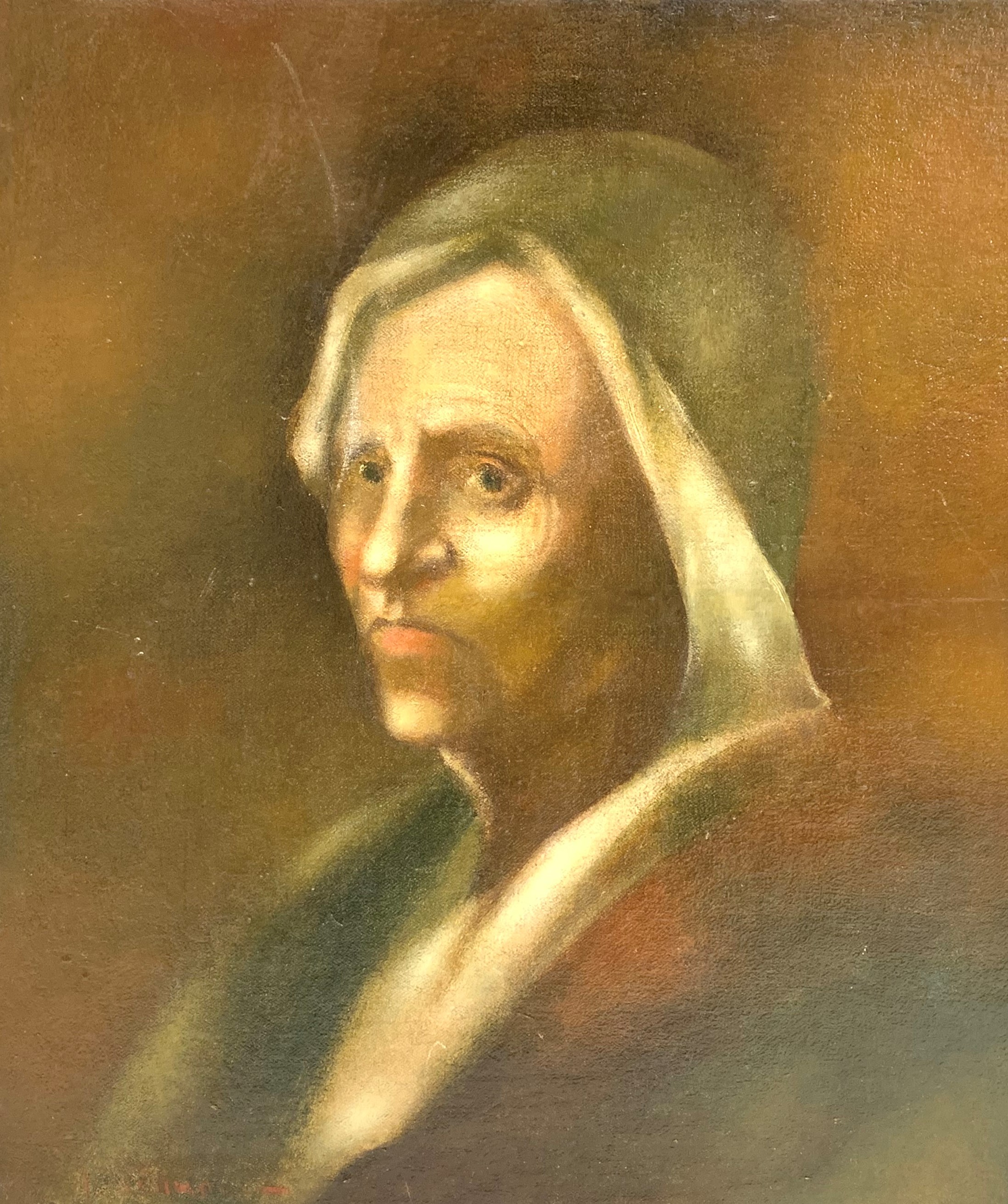 Unsigned head and shoulders portrait of a Dutch woman wearing a veil 35cm x 31cm unframed