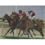 Berreby (French contemporary) - 'The Race' with three jockeys riding for a finish, mixed media,