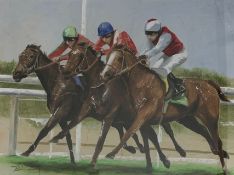 Berreby (French contemporary) - 'The Race' with three jockeys riding for a finish, mixed media,