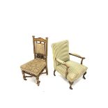 Georgian design beech framed open armchair, with out swept arms,