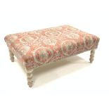 Large 20th century foot stool, upholstered in liberty fabric, with stained white turned oak feet,