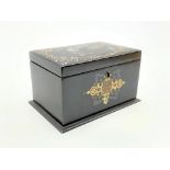Victorian papier mache tea caddy with mother of pearl and painted decoration,