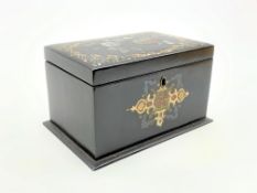 Victorian papier mache tea caddy with mother of pearl and painted decoration,