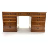 20th century yew wood twin pedestal desk, moulded top with inset leather writing surface,