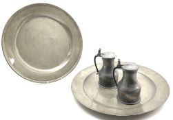 Pair of French pewter tappit hens with twin acorn thumb piece H18cm,