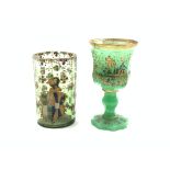 19th Century Bohemian green glass panel sided goblet painted with hunting scenes and gilt foliage