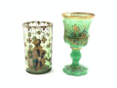 19th Century Bohemian green glass panel sided goblet painted with hunting scenes and gilt foliage