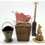 Square wicker basket, copper coal helmet, planter in the form of a sleigh,