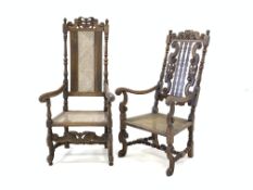 Charles II beech framed open armchair, crown and scroll carved cresting rail,