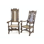 Charles II beech framed open armchair, crown and scroll carved cresting rail,