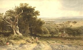 George Vicat Cole- Extensive rural scene with haymaking, figures, cottages etc,