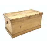 Victorian pine blanket box, hinged lid enclosing candle box and drawers, carry handle to each end,