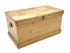 Victorian pine blanket box, hinged lid enclosing candle box and drawers, carry handle to each end,