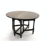 18th century oak drop leaf gate-leg table, oval top raised on turned supports with stretchers,