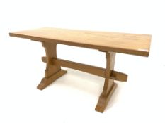 'Squirrelman' Yorkshire oak coffee table, with rectangular adzed top above shaped panel ends,