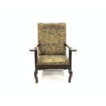 Early 18th century country oak framed upholstered armchair, upholstered seat and back, swept arms,