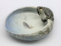 Royal Copenhagen bowl modeled as a crab atop a basket, the centre painted with a fish,