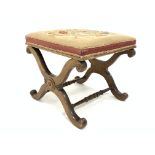 William IV Walnut framed stool, floral needlework top on 'X' framed supports, 52cm x 49cm,