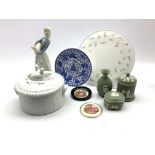 Lladro figure of a girl holding a lamb, green Wedgwood Jasperware, Royal Worcester cake plate,