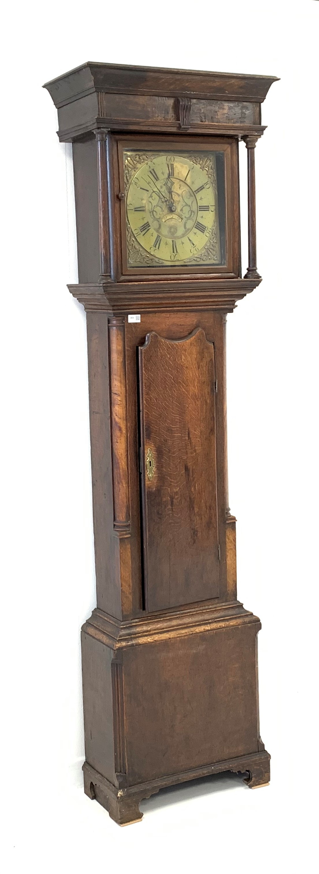George III oak longcase clock, plain frieze with moulded detail above two plain tapered pilasters, - Image 3 of 8