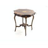 Edwardian rosewood two tier octagonal window table with marquetry inlay,