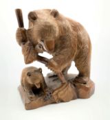 Large Black Forest wood carving of bear and cub H30cm Condition Report & Further Details