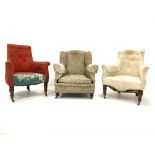 Pair of Victorian walnut framed armchairs, upholstered seats and backs, turned supports,