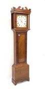 Early 19th century mahogany long case clock, swan neck pediment, plain pilasters and trunk door,