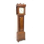 Early 19th century mahogany long case clock, swan neck pediment, plain pilasters and trunk door,