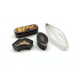 Georgian lacquered horn navette shape snuff box with silver mounts L5.