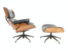 Lounge chair and matching footstool in the manner of Charles & Ray Eames with bent plywood frame,