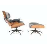 Lounge chair and matching footstool in the manner of Charles & Ray Eames with bent plywood frame,