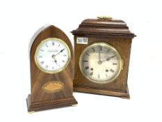 Early 20th century oak cased mantel clock, Roman dial, sarcophagus shaped top, W22cm, H38cm, D14cm,