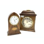 Early 20th century oak cased mantel clock, Roman dial, sarcophagus shaped top, W22cm, H38cm, D14cm,