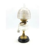 Late Victorian table oil lamp of art nouveau design with etched shade, brass stem, H50cm,