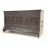 Oak coffer, with plain hinged lid, interior candle box, four panel front dated 1758,