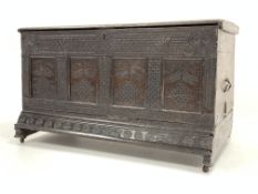 Oak coffer, with plain hinged lid, interior candle box, four panel front dated 1758,