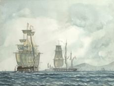 William James Callcott (1843-1890) - Men o' War off the coast, watercolour,