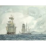 William James Callcott (1843-1890) - Men o' War off the coast, watercolour,