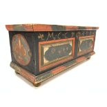 19th century continental polychrome painted blanket coffer, two fielded panels to hinged lid,
