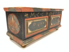 19th century continental polychrome painted blanket coffer, two fielded panels to hinged lid,