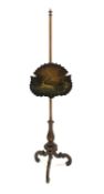 Early Victorian walnut pole screen, with adjustable papier mache banner painted with peacock,