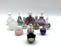 Stuart Akroyd shaded blue glass scent flask, three Isle of Wight coloured glass scent flasks,