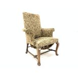 Early 18th century walnut and beech framed armchair, with upholstered seat and back, swept arms,