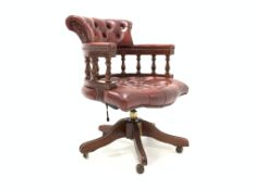 20th century stained beech and mahogany framed captains armchair, scrolled back,