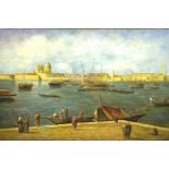 Unsigned oil on canvas 'Venice' with figures and gondolas in foreground and in gilt frame 60cm x