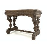 Victorian oak hall table, moulded edge with canted corners, carved frieze with lion masks,